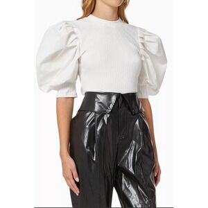 ELLIATT White Top Women M Ribbed Knit Puff Balloon Sleeve Crew Neck Blouse Chic